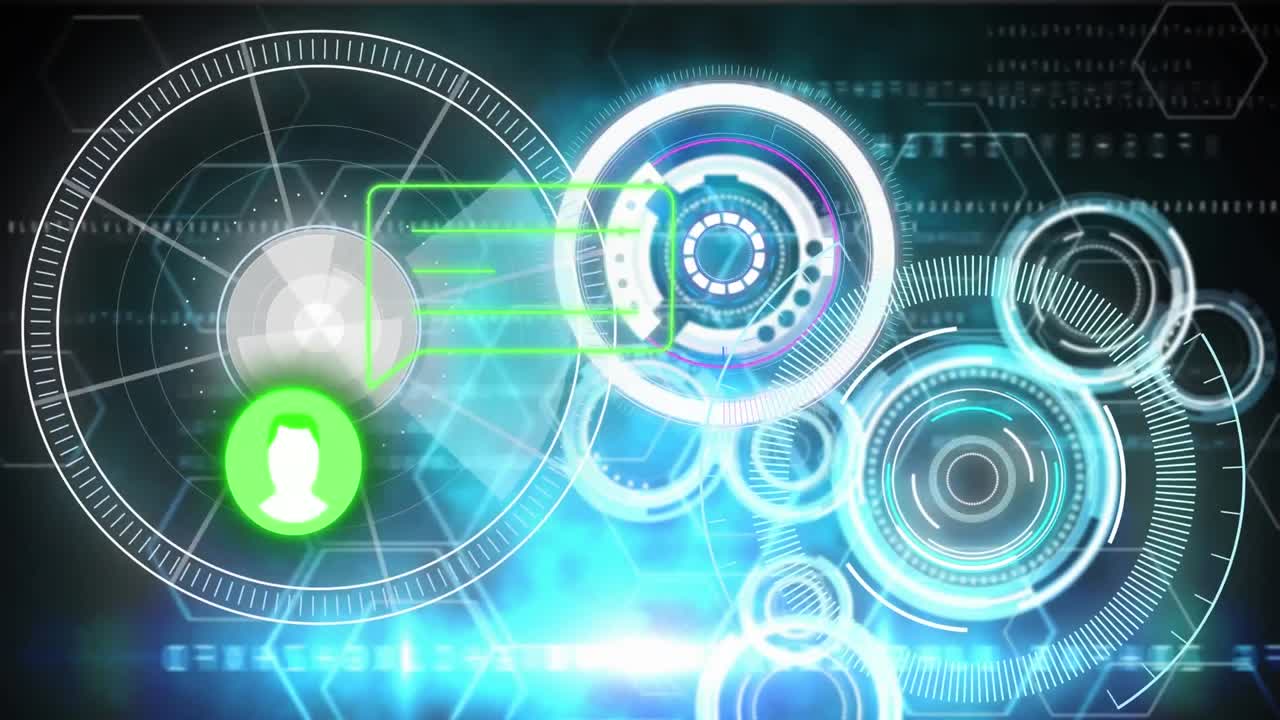 Animation of profile and message icons over round scanners and blue light spots