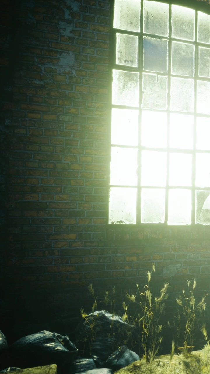 Sunlight filters through a dusty window in an abandoned building at dusk