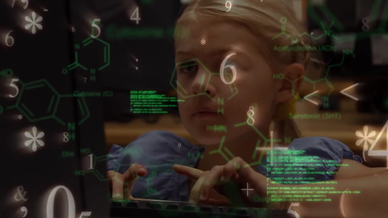 Animation of data processing and formulas over caucasian girl using computer