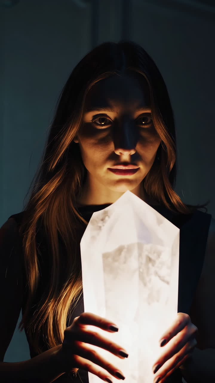 Woman Holding a Glowing Crystal in the Dark
