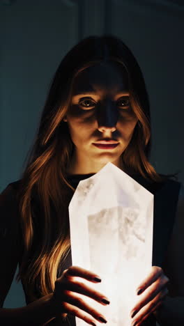 woman holding a glowing crystal in the dark