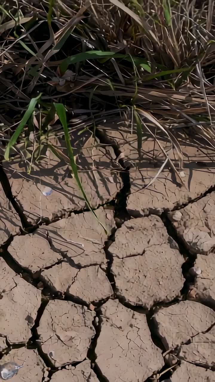 Video verticale: Panoramica di fango secco con crepe poligonali in un campo, ciuffo d'erba, conchiglia, ombre, siccità