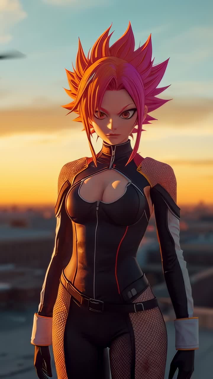 Vertical video: Camera approaching, woman in combat bodysuit watching skyline on rooftop at sunset