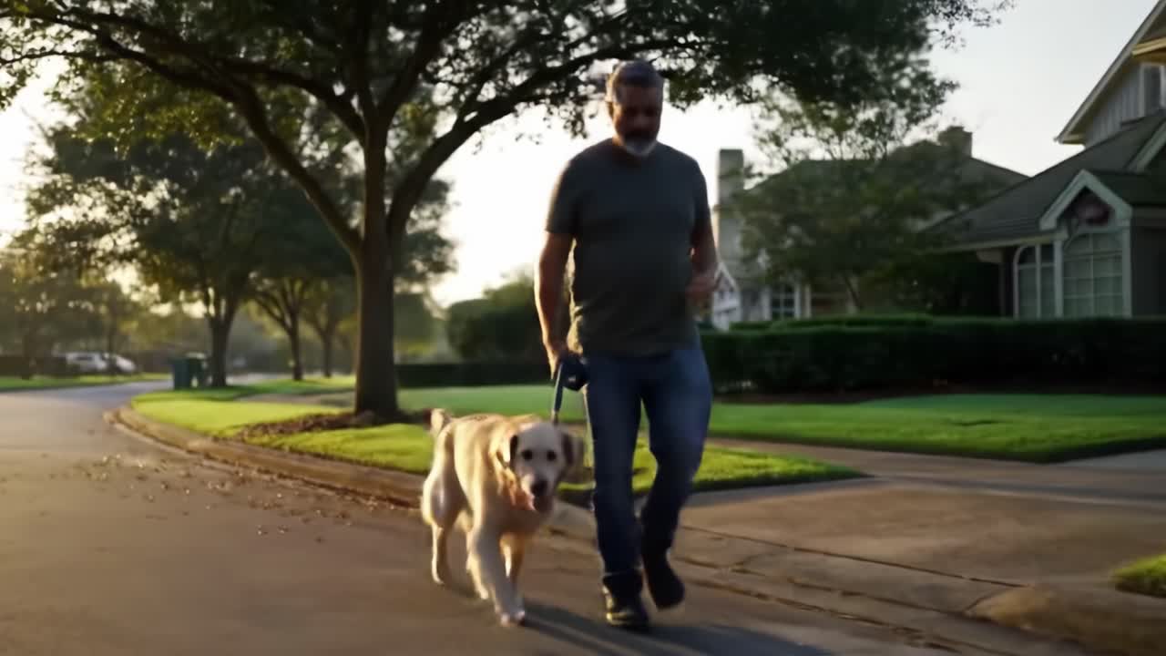 A Serene Evening Stroll: A Man and His Golden Retriever Enjoying a Peaceful Walk at Sunset in a Tranquil Neighborhood