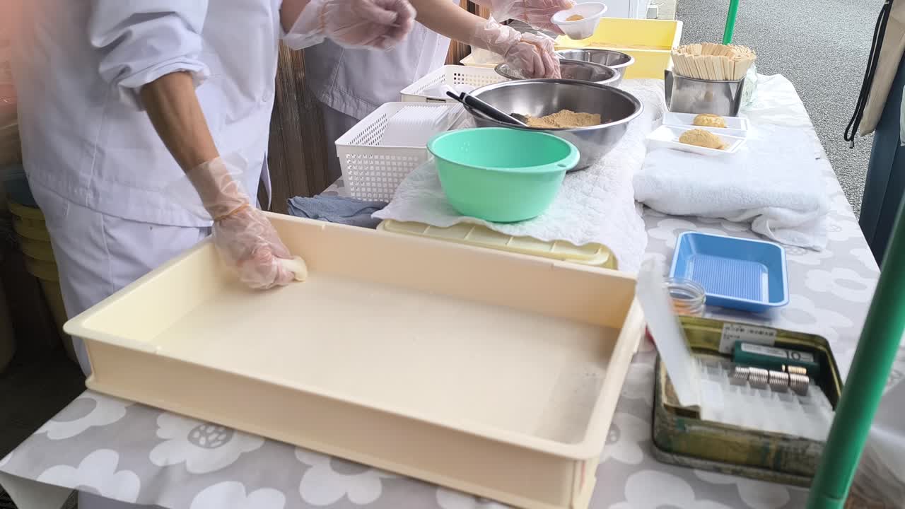 Closeup at Mochi making, Japanese sweets, rice cake dessert