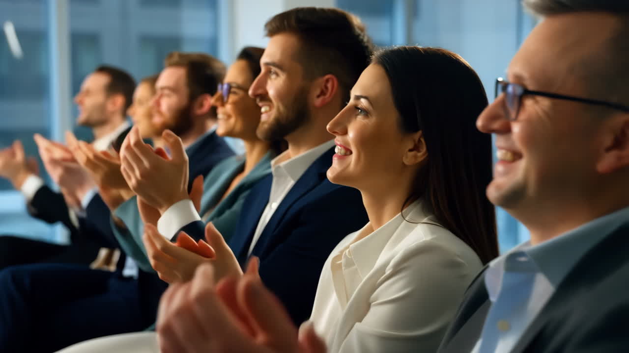 Persone che applaudono e sorridono a una conferenza o a un evento