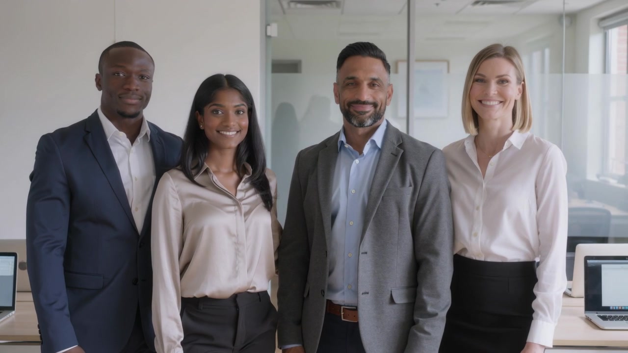 Colegas sorridentes em trajes de negócios posando enquanto a câmera se aproxima em escritório com parede de vidro.