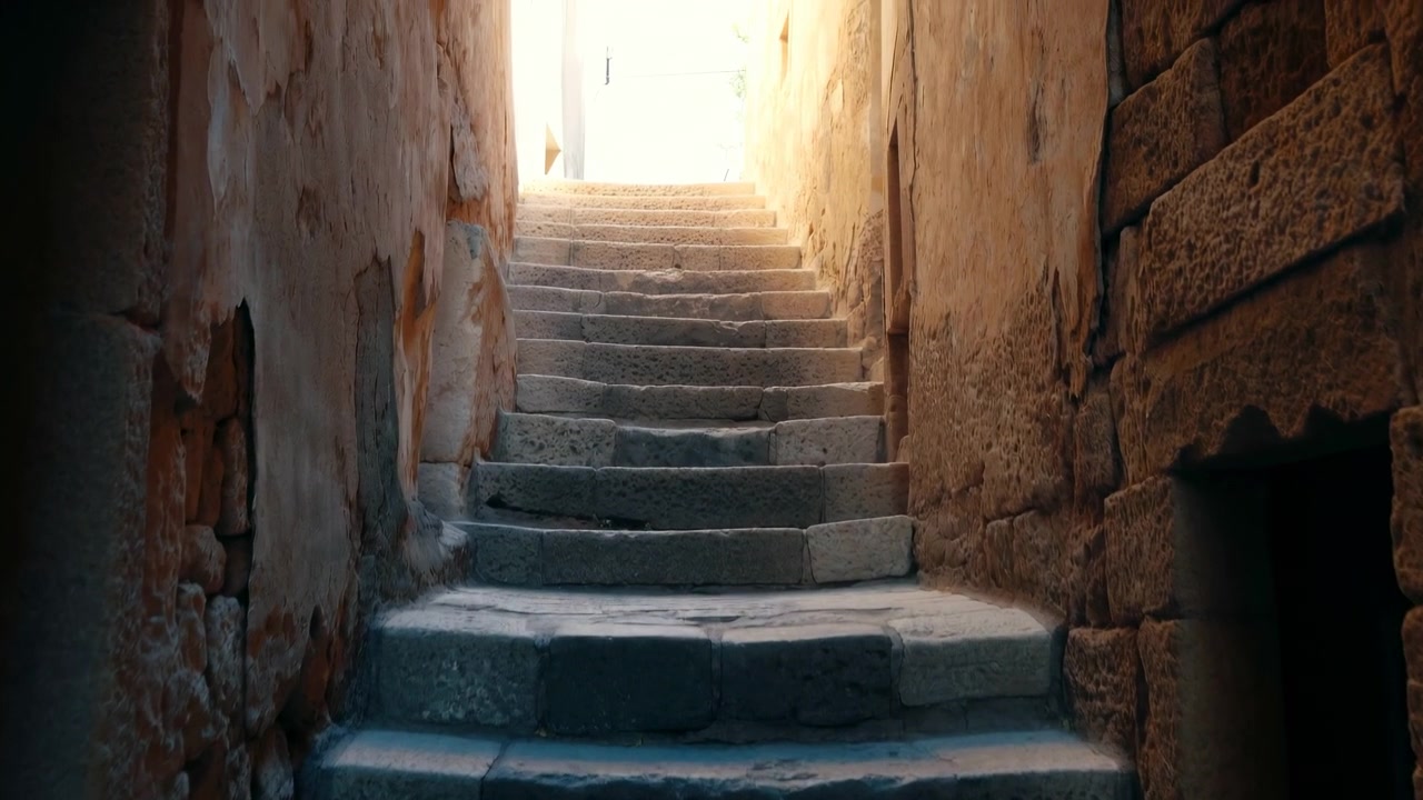Narrow Stone Steps Leading To Light, Weathered Masonry Walls, Warm Golden Sunlight At Top, Deep Bluegray