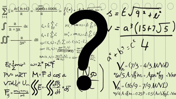 Animazione di un punto interrogativo ed equazioni matematiche su sfondo bianco