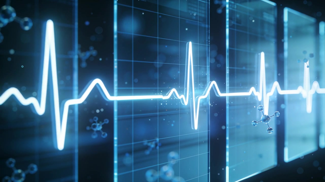 Traccia ECG ciano pulsante che scorre sui pannelli in laboratorio in un ciclo, mostrando i parametri vitali con molecole.