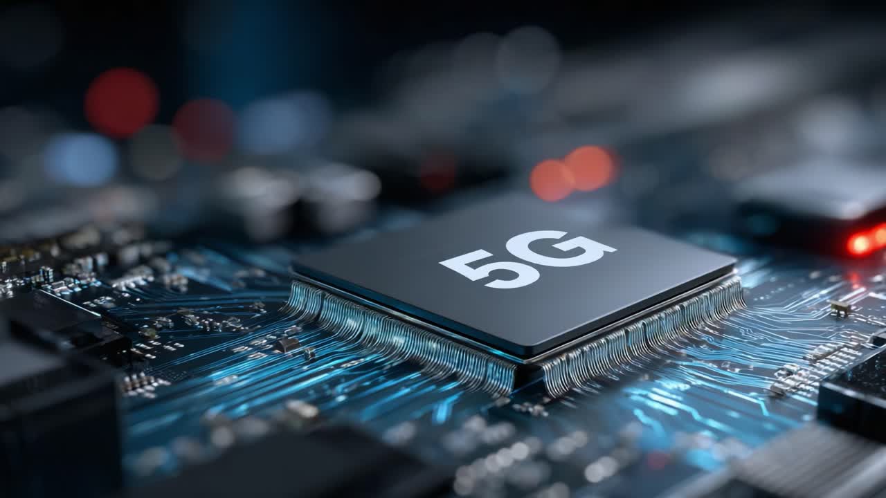 Alla scoperta del futuro della connettività: uno sguardo ravvicinato a un chip 5G all'avanguardia su un circuito stampato high-tech con dettagli intricati e design moderno