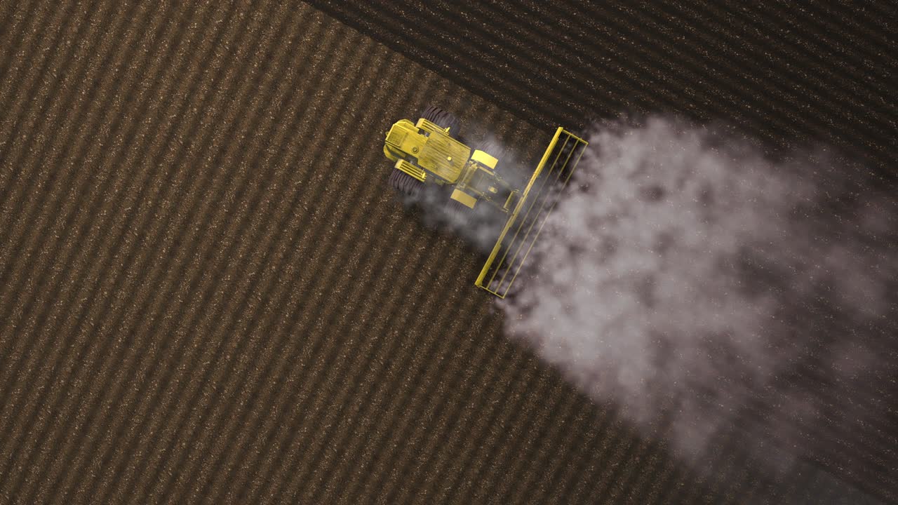 disparar desde un dron volando sobre un tractor con sistema de harrow arando el suelo en un campo de granja cultivado, pilar de senderos de polvo detrás, preparando el suelo para plantar un nuevo cultivo, concepto de agricultura, bucle 3d superior.