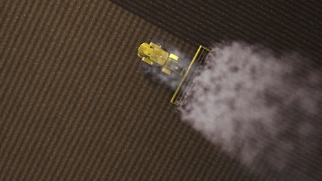 disparar desde un dron volando sobre un tractor con sistema de harrow arando el suelo en un campo de granja cultivado, pilar de senderos de polvo detrás, preparando el suelo para plantar un nuevo cultivo, concepto de agricultura, bucle 3d superior.