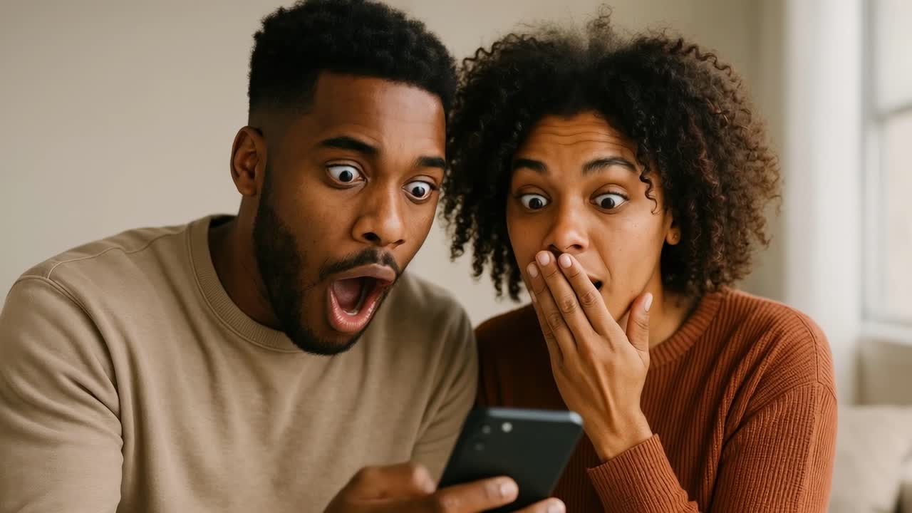 Astonished couple watching a video on a smartphone