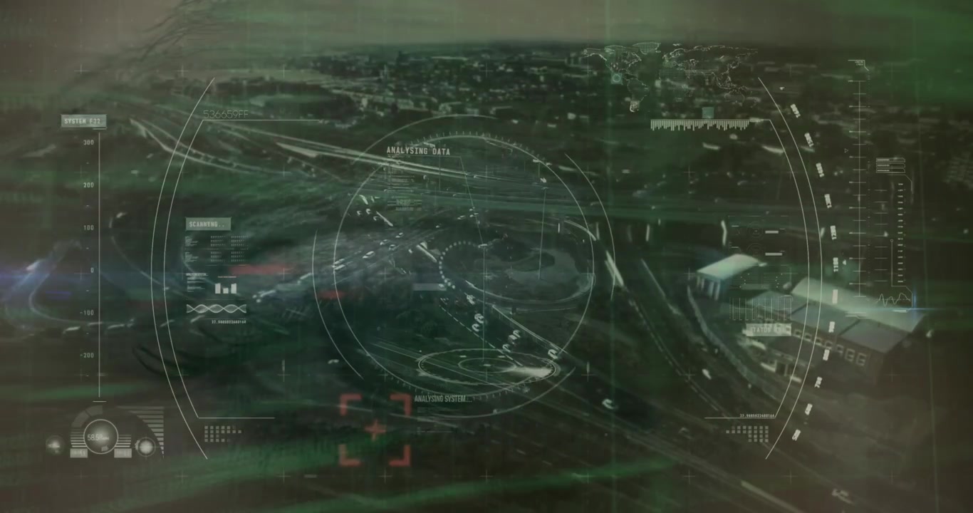 Animation of scope scanning and data processing over aerial view of cityscape