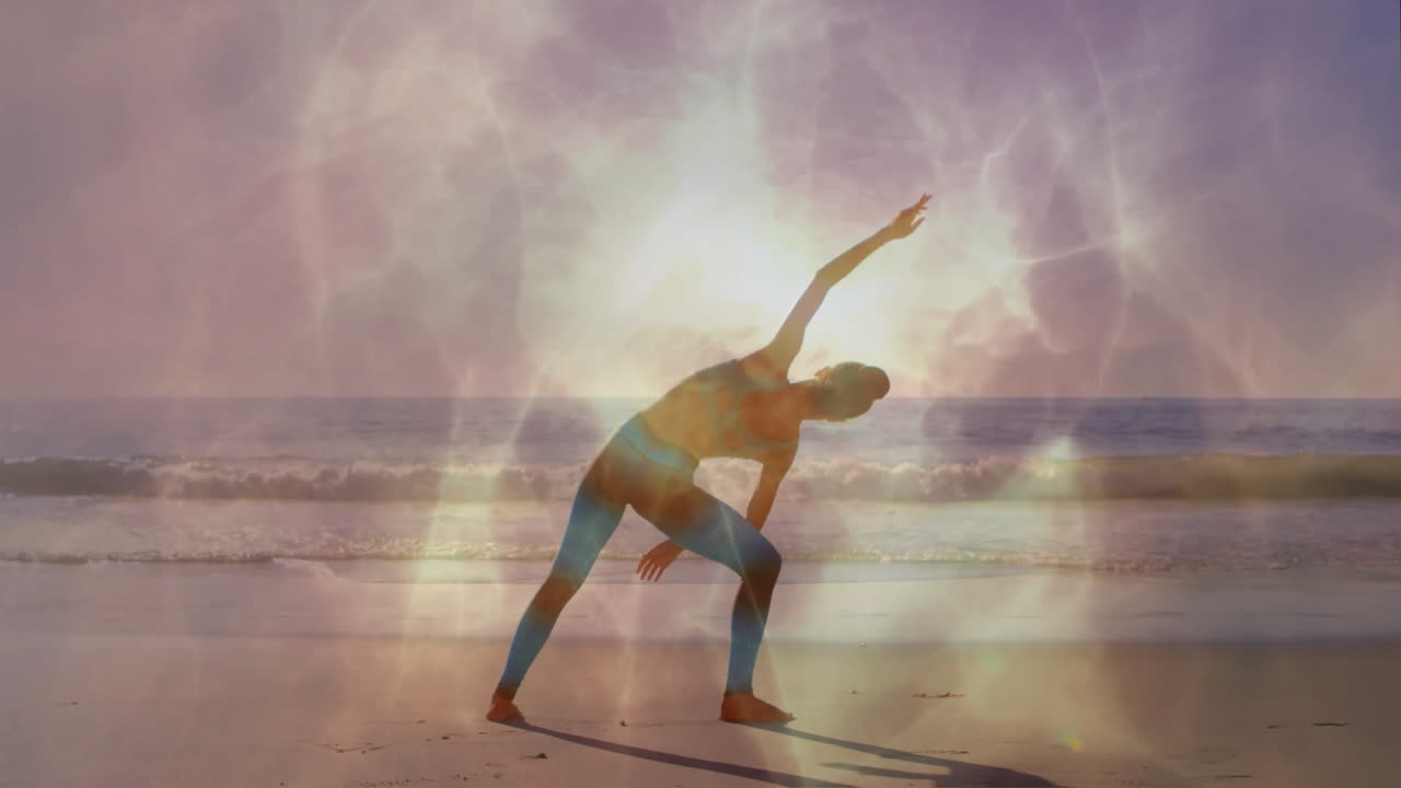woman practicing yoga stretch on beach, showing animated heart-rate graph and wellness icons