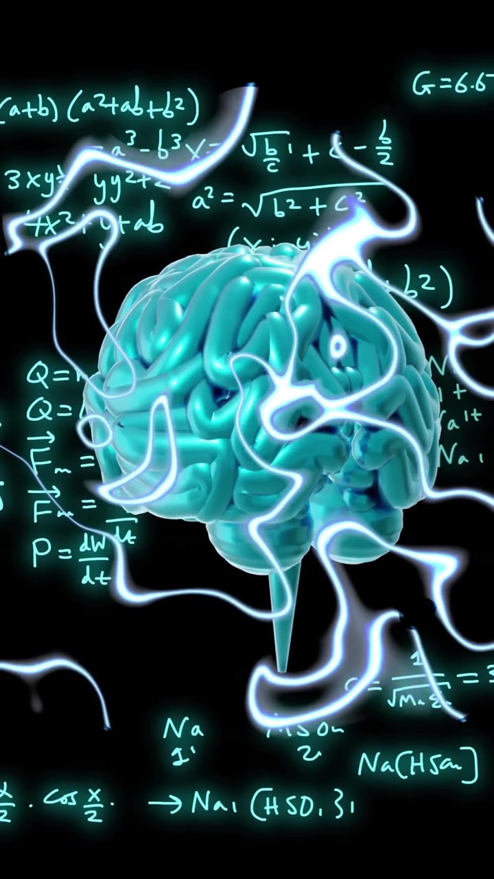 Animation of brain and scientific data processing over black background