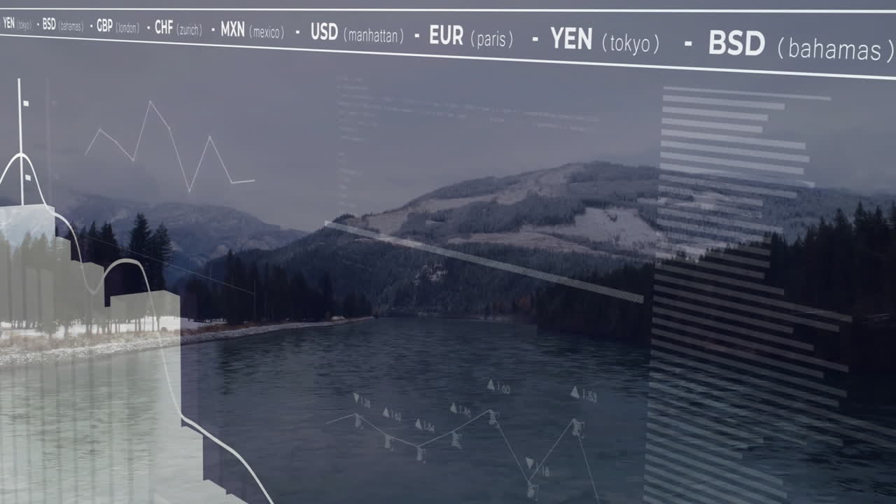 Financial data and currency exchange rates animation over snowy mountain landscape