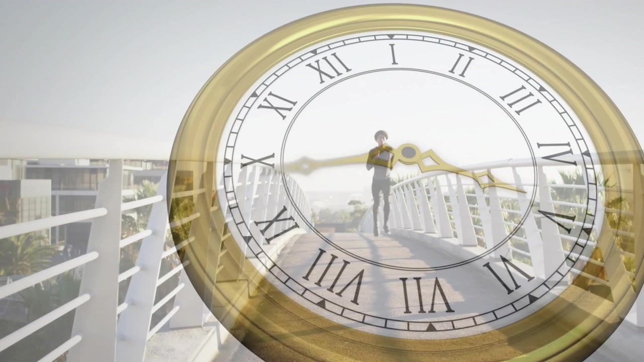 Runner starting fitness run on waterfront bridge, overlay showing clock hands tracking elapsed time