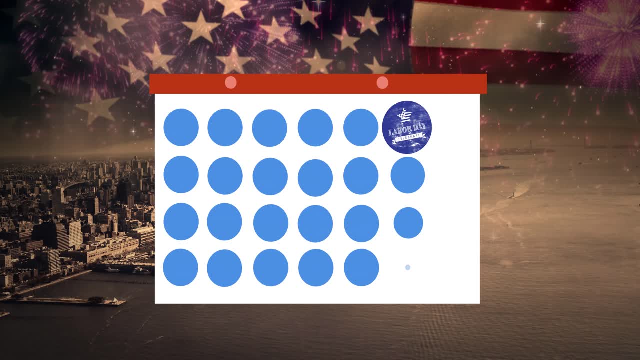 토큰 템플릿 카드와 노동의 날 텍스트의 애니메이션이 미국  ⁇ 발과 도시 풍경 위로 움직입니다.