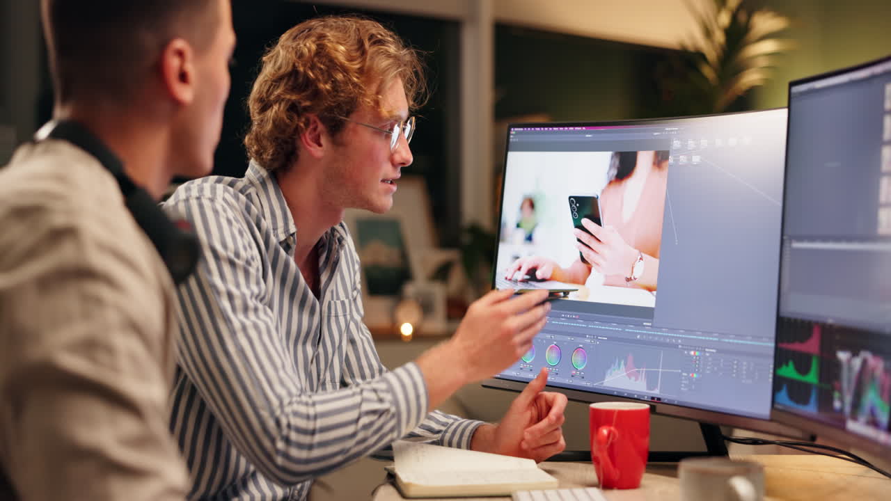 Two men editing a video on a computer