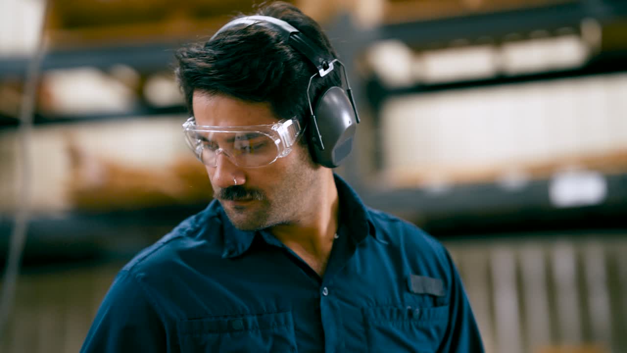 Worker wearing safety glasses and ear protection in a warehouse