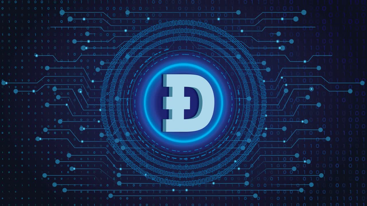 dogecoin crypto blockchain cripto moneda cifrado digital, intercambio de dinero digital, conexiones de red global de tecnología en un concepto de fondo azul