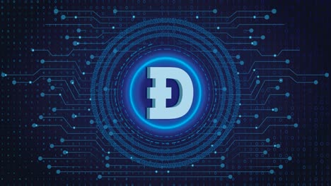 Dogecoin-Crypto-Blockchain-Cripto-Moneda-Cifrado-Digital,-Intercambio-De-Dinero-Digital,-Conexiones-De-Red-Global-De-Tecnología-En-Un-Concepto-De-Fondo-Azul