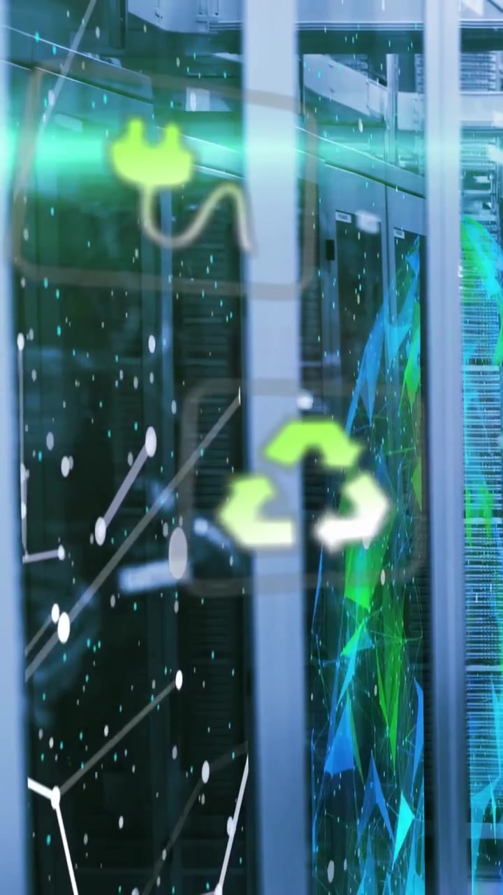 Vertical video: Plug entering glass holo pulsing energy and rotating recycle icon for rack status