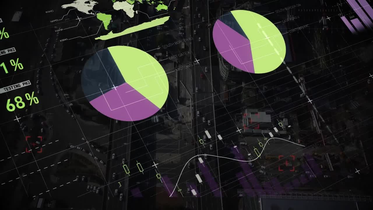 animación del procesamiento de datos financieros sobre el escaneo de alcance y el paisaje urbano