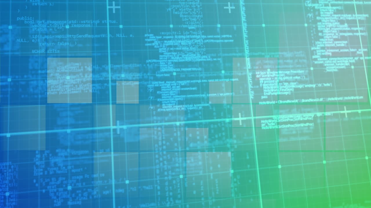 Animation of digital data processing over screens and grid background