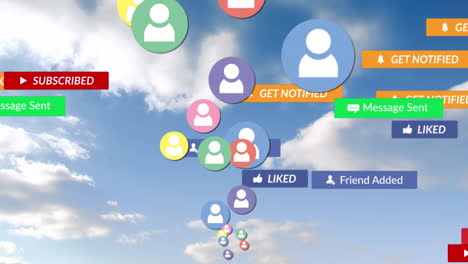 animation of social media text on banners with digital icons over sky background