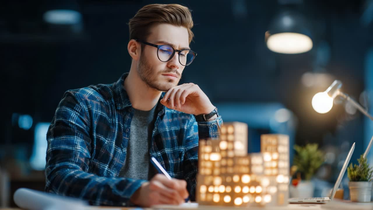 Contemplative Young Man in Glasses Deep in Thought While Sketching a Model City at a Desk, Surrounded by Warm Lighting and Creative Atmosphere
