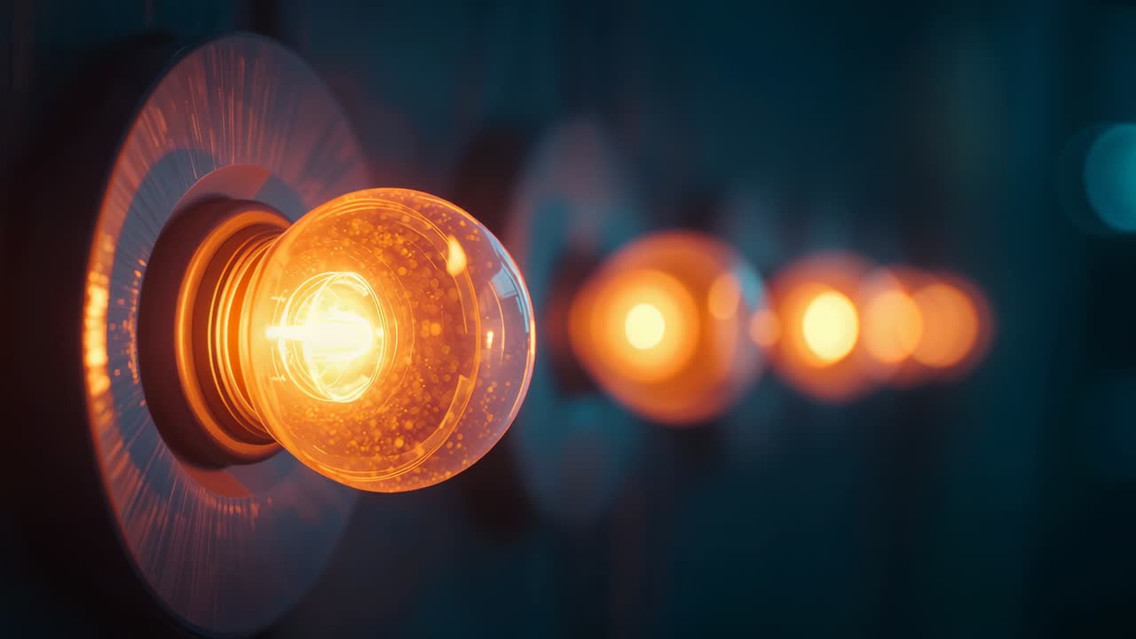 Starting lateral tracking camera shifting focus along wall, highlighting glowing Edison-style bulbs