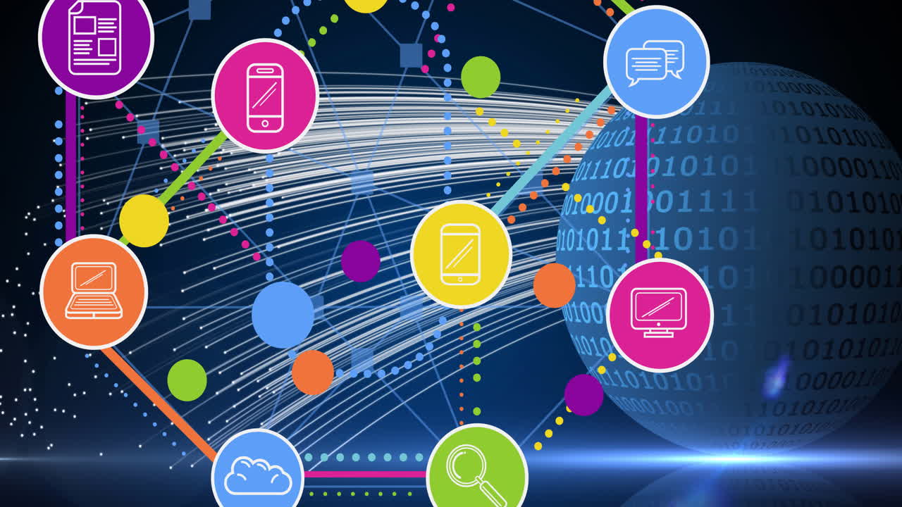 Animazione di una rete di connessioni con icone digitali su sfondo di un globo