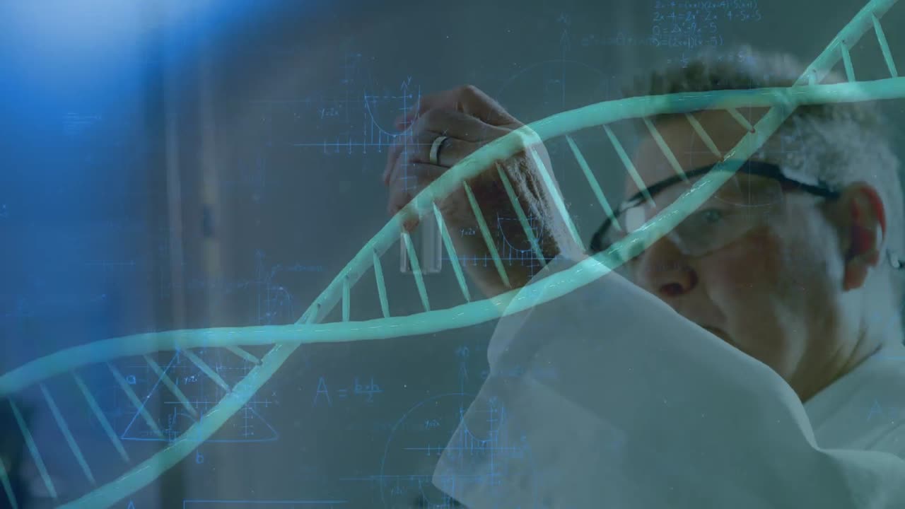 animación de la cadena de adn giratoria y fórmulas matemáticas sobre el científico
