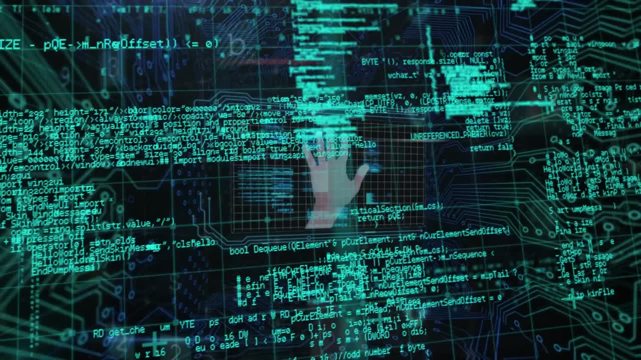 Animation of cyber security data processing over microprocessor connections on black background