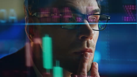 invest lawyer check stock market data closeup. pensive trader broker analysing