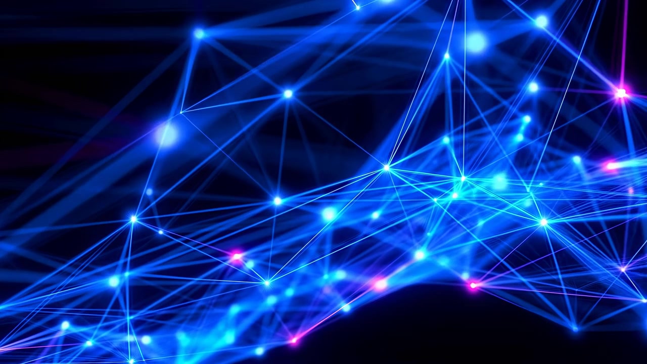 Luminous blue and violet light streaks connect bright nodes across a black background, forming a futuristic digital mesh with a concentrated cluster in the