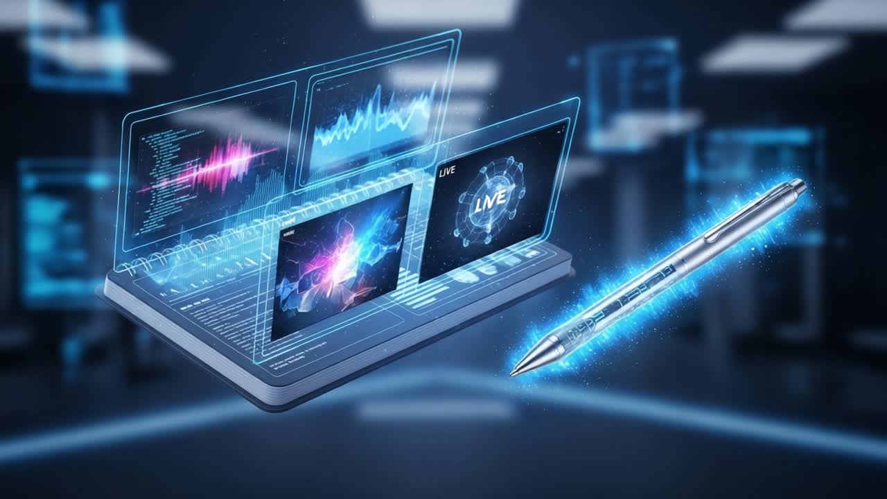Futuristic Digital Workspace Featuring Advanced Visualization Tools, Interactive Data Analysis Displays, and a High-Tech Pen for Dynamic Content Creation and Collaboration