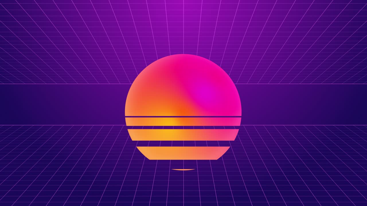 neón brillante, ondas sintéticas y ondas retro sol. estilo de los años 80, fondo de futurismo retro. intro de vhs. estilo cyberpunk. vapor wave de bucle sin costuras vintage, videojuegos retro, música rave. puesta de sol en estilo de los años 80