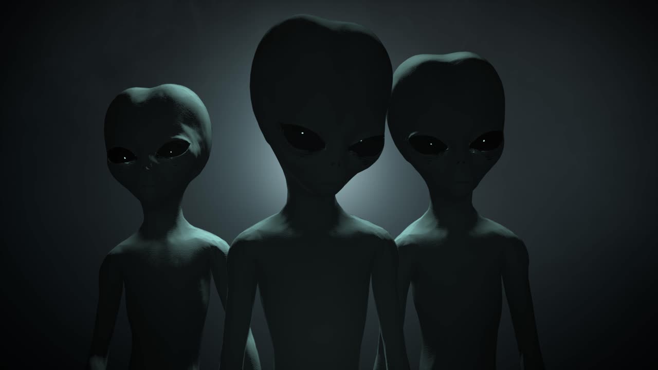 3D CGI VFX close-up of three classic Roswell style grey aliens on a dark backlit background, standing and looking menacingly into the camera, with a smokey, atmospheric environment