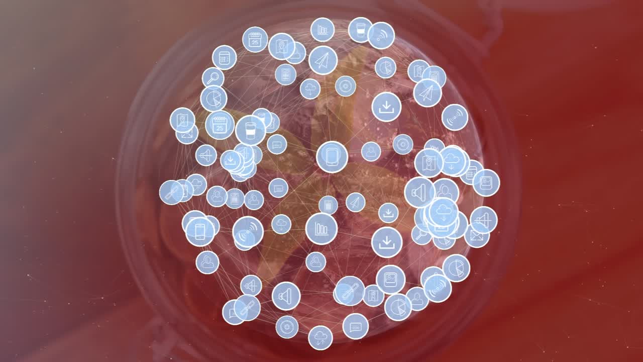 Animation eines Globus und Technologie-Icons auf rotem Hintergrund