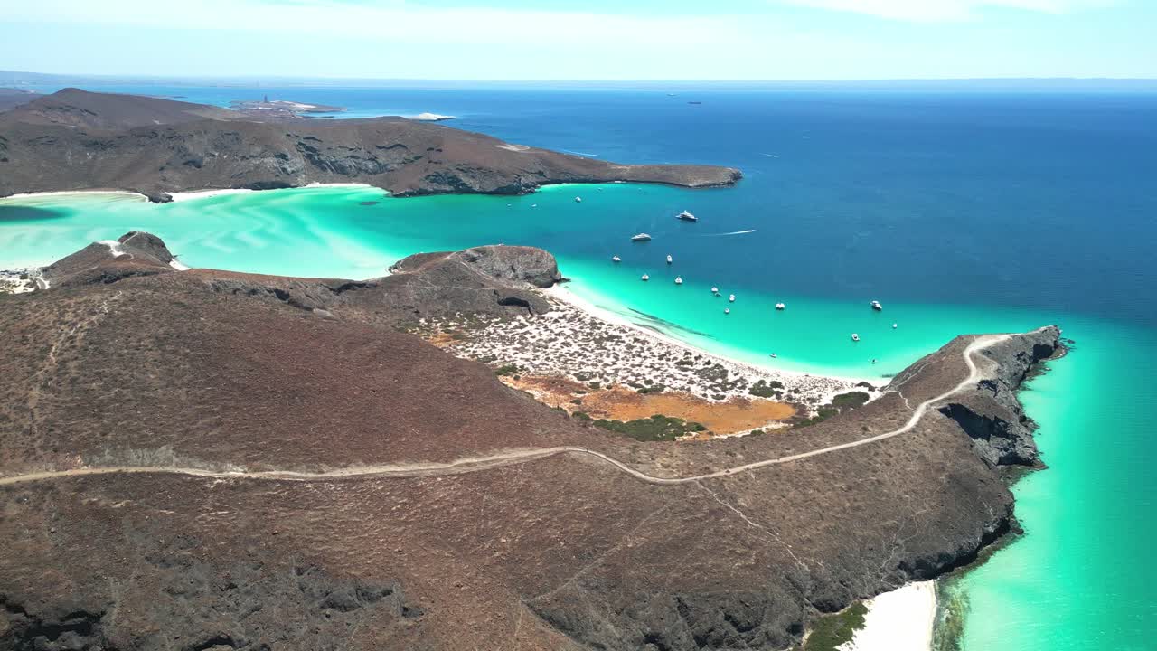 Turquoise beach and desert landscape in tecolandra, la paz, mexico, aerial view
