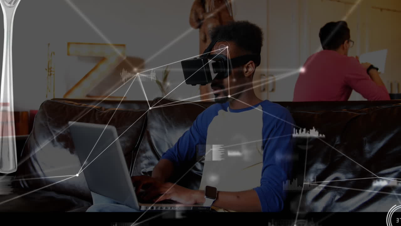 Animation of network of connections and data processing over african american male using vr headset