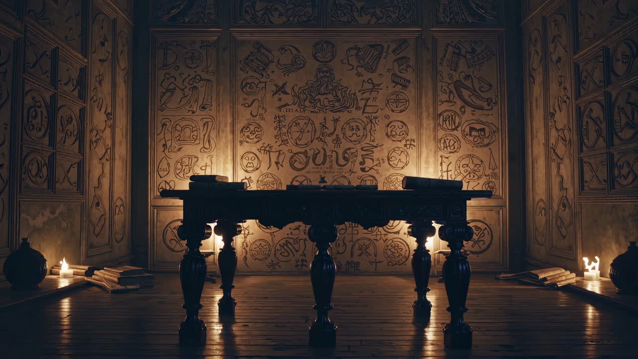 A mysterious, dimly lit room with an ancient table, surrounded by candles and cryptic symbols