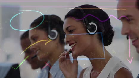 Animation-of-colorful-lines-and-arrows-over-business-people-using-phone-headsets