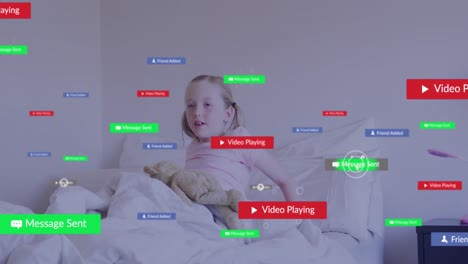 Animation-Von-Social-Media-Symbolen,-Die-über-Einem-Kaukasischen-Mädchen-Schweben,-Das-Zu-Hause-Im-Bett-Aufwacht