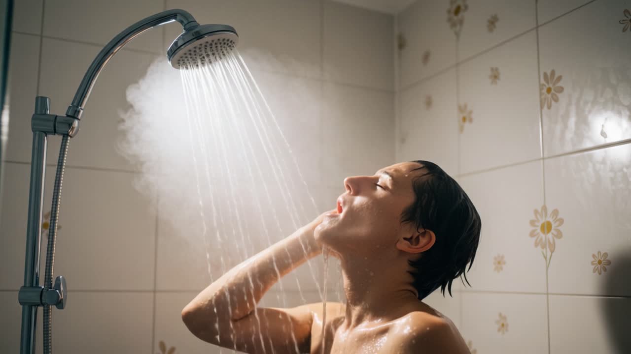 A Serene Shower Experience: Capturing the Tranquility and Refreshment of Water Cascading in a Soft, Steamy Bathroom Environment