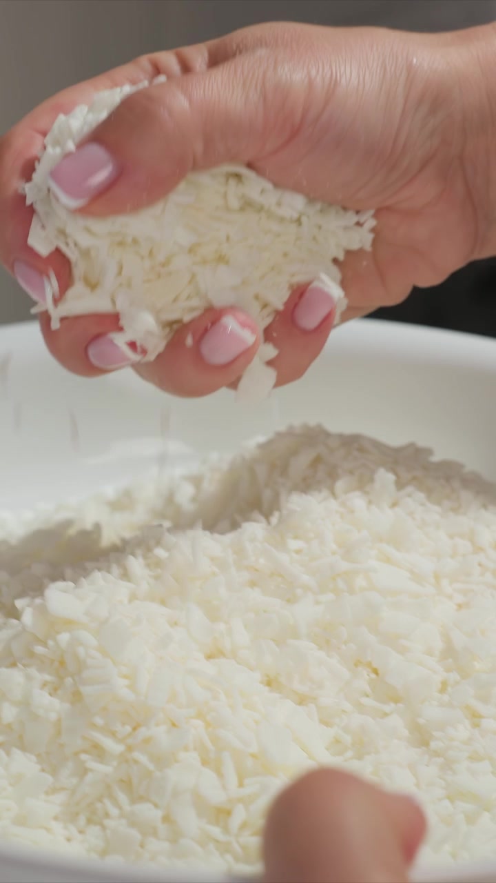 Primo piano delle mani che manipolano scaglie di cera bianca in una ciotola, premendo e sollevando il materiale per mostrarne la consistenza. La scena presenta un'illuminazione soffusa con dettagli di sfondo neutri che si concentrano.